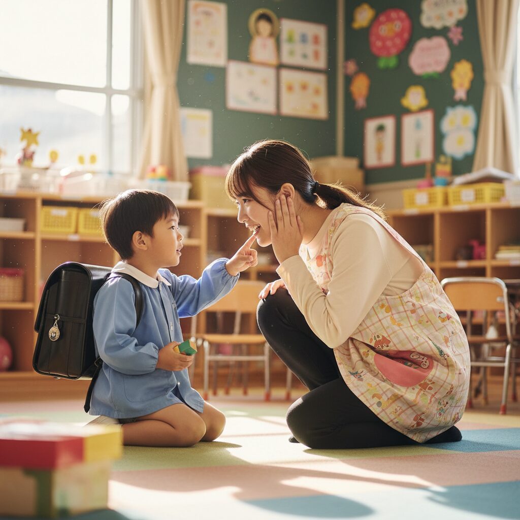 園の先生と保護者が子どもの様子について話し合っている場面