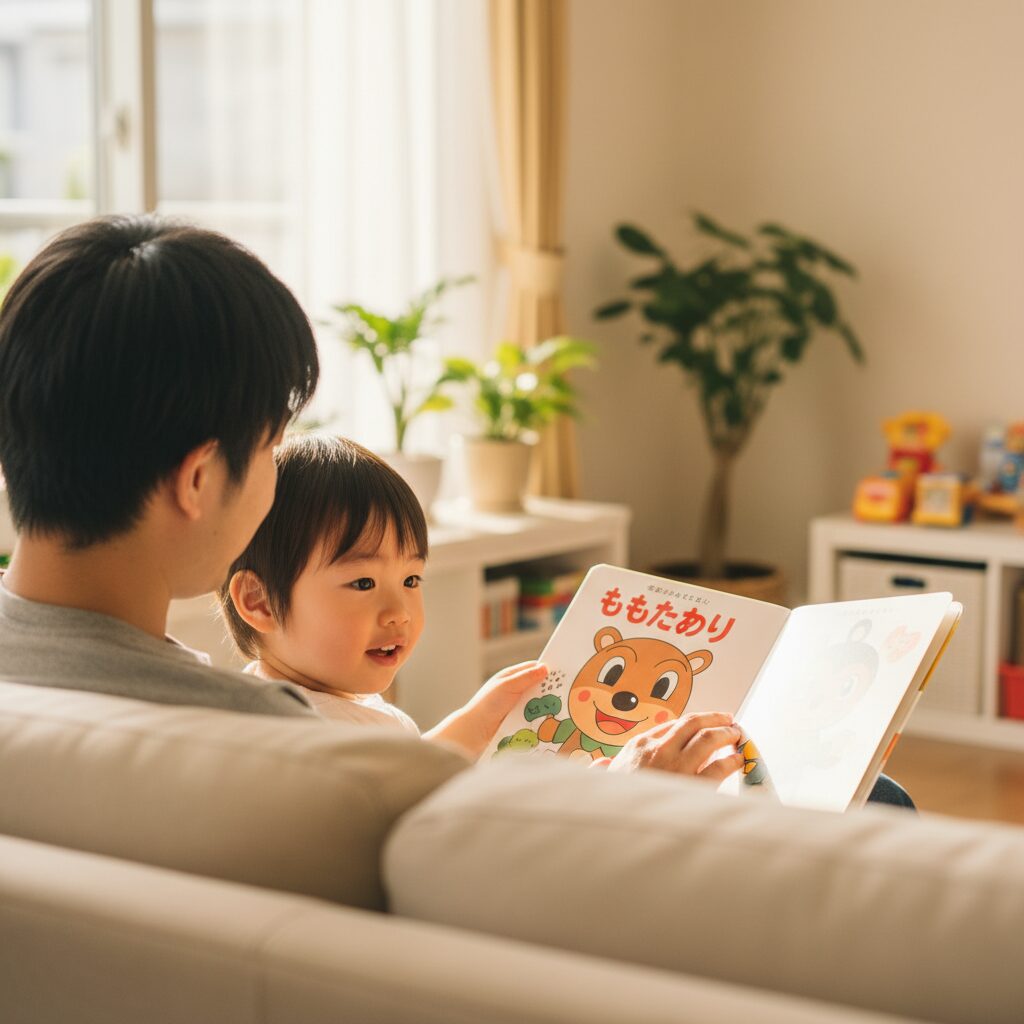 3歳の子どもが絵本を見ながら保護者と一緒に座っている様子
