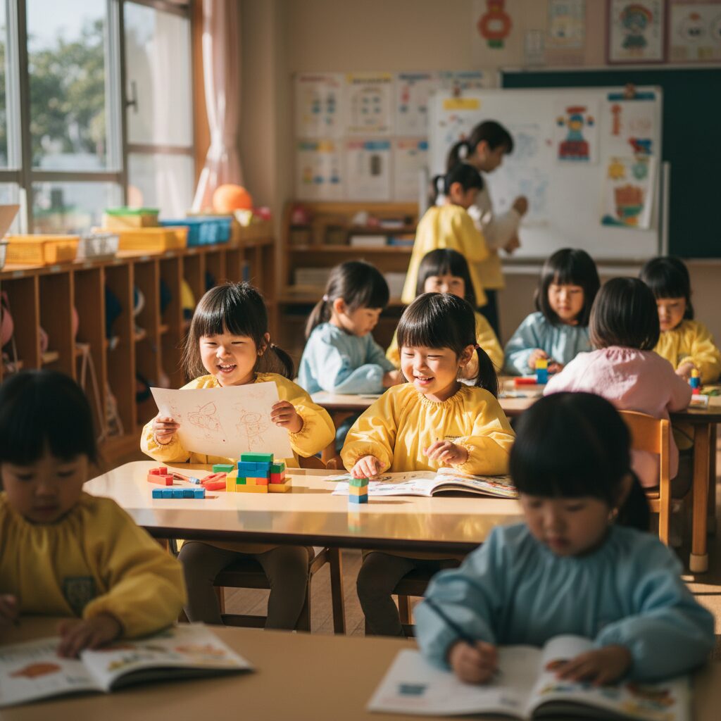 幼稚園の朝の会で子どもたちが円になって座り、先生の話を聞いている風景