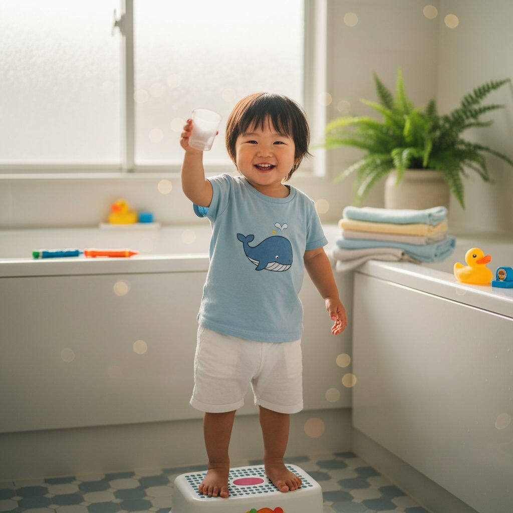 4歳の子どもが保護者と一緒にトイレに向かう温かい場面