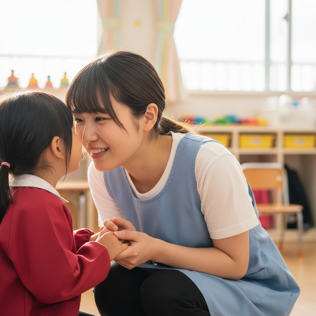 園の先生が子どもに優しく寄り添ってトイレをサポートしている場面