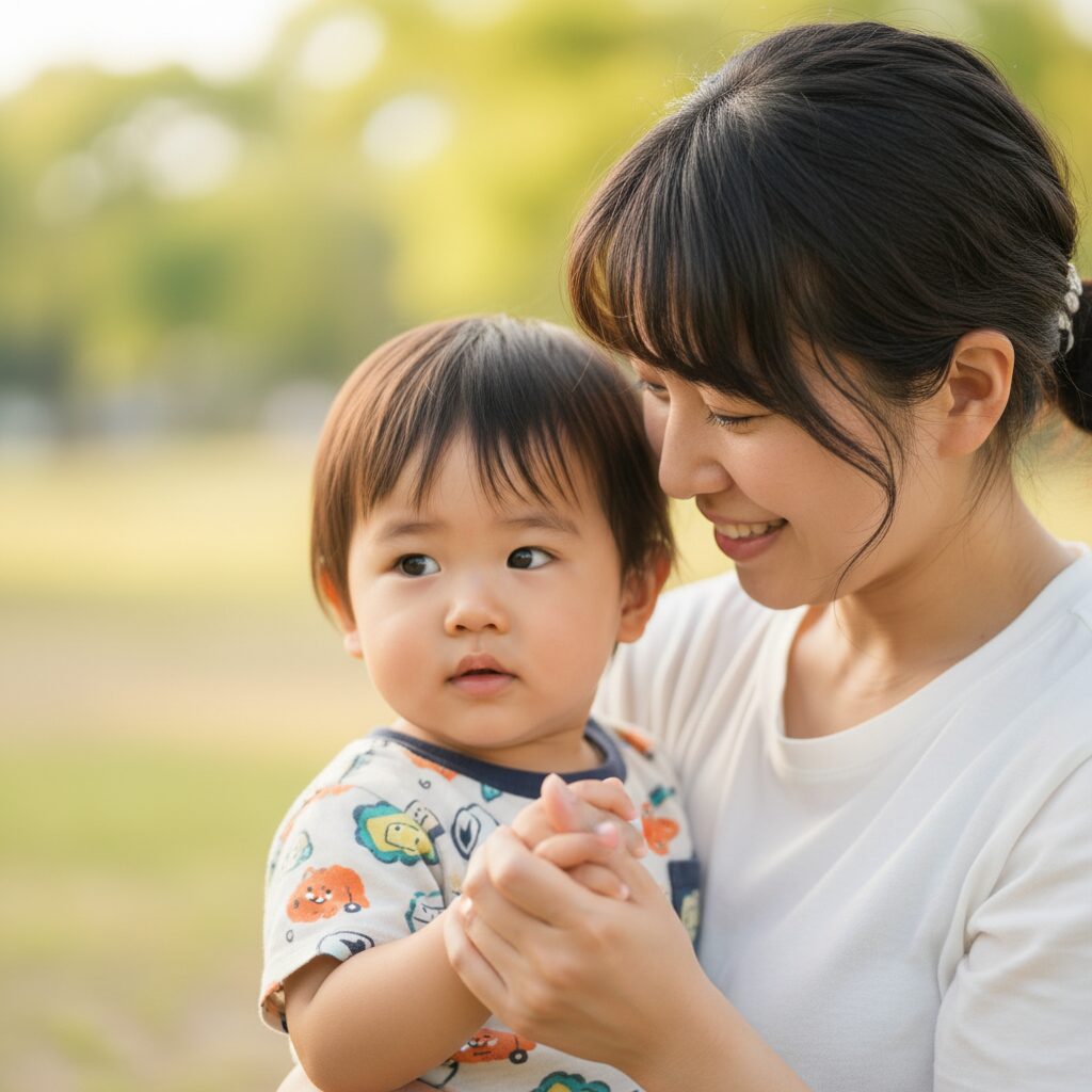幼稚園で泣いている子どもを先生が優しく慰めている様子