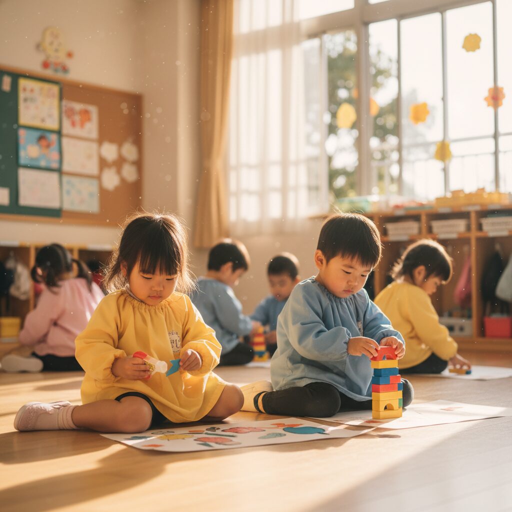 保育園の教室で先生と子どもたちが輪になって座り、発達障害の子どもも一緒に参加している温かい場面