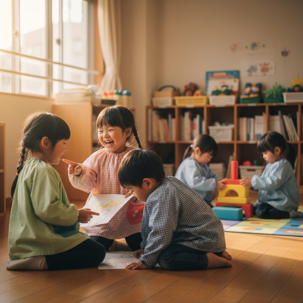 保育士と子どもが一対一で話をしている穏やかな場面