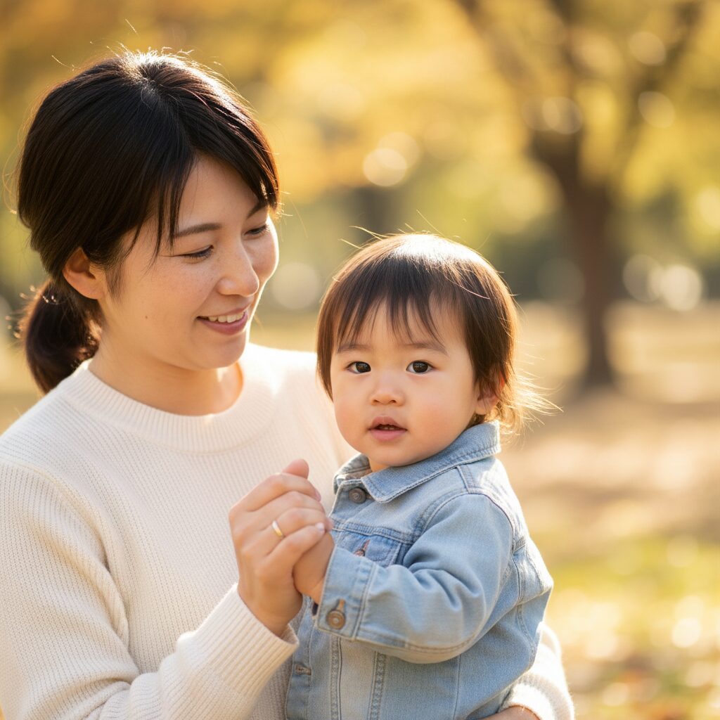 朝の玄関で泣いている子どもを優しく慰める母親の様子