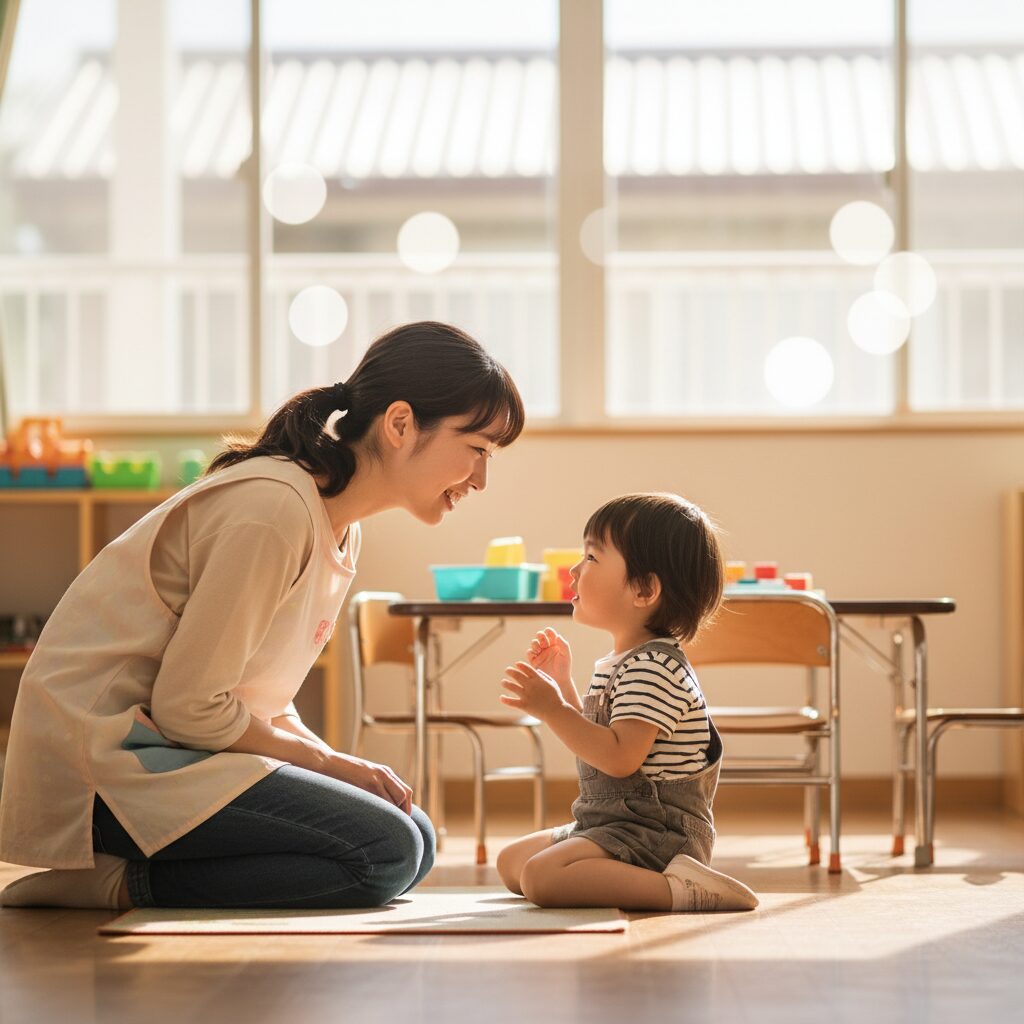 園の先生と保護者が面談で話し合っている様子
