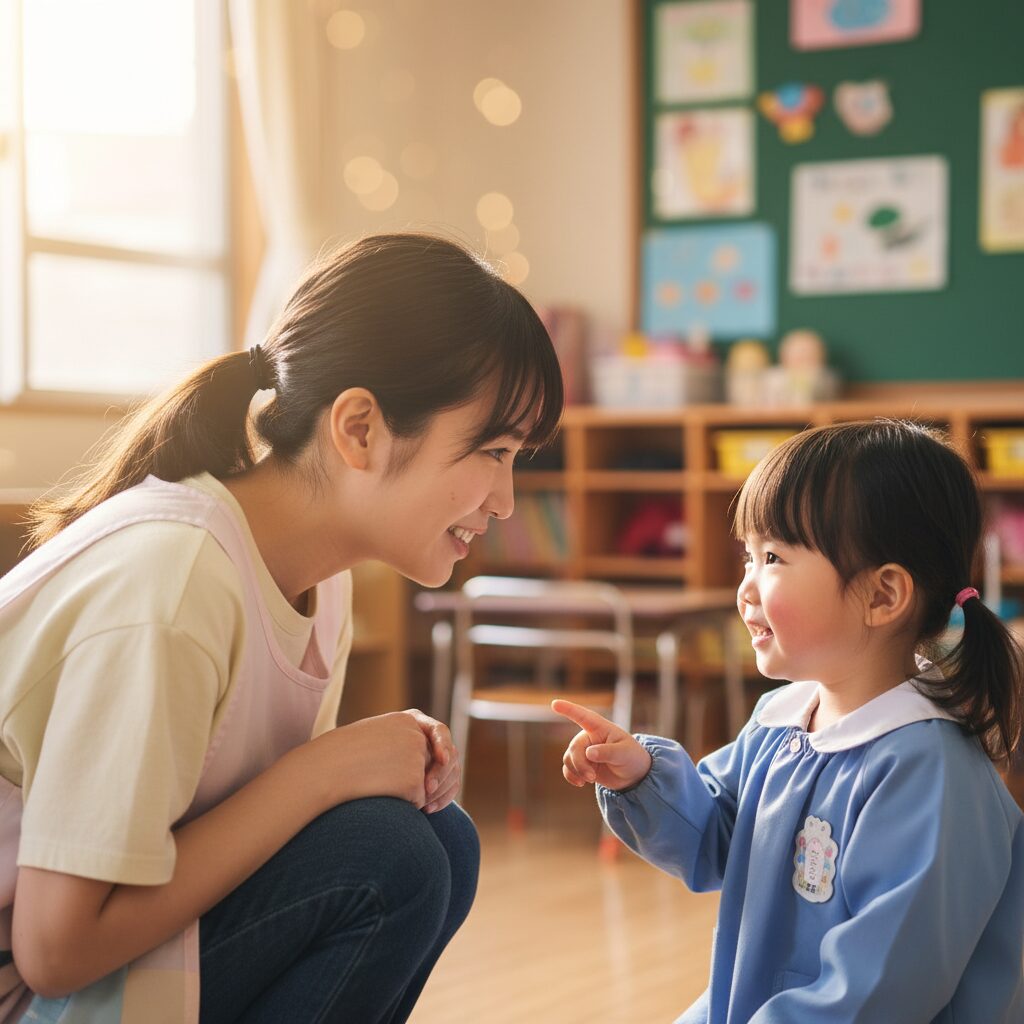 加配の先生が子どもと一対一で関わっている様子