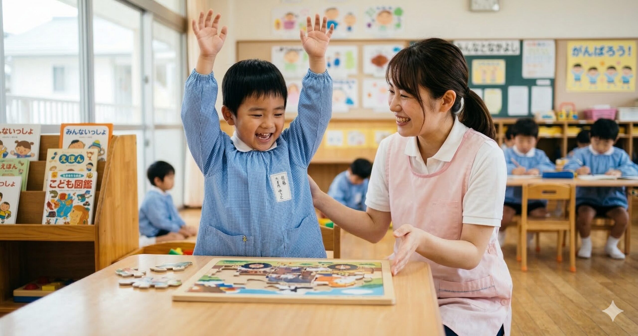 加配の職員が子供をサポートしている場面