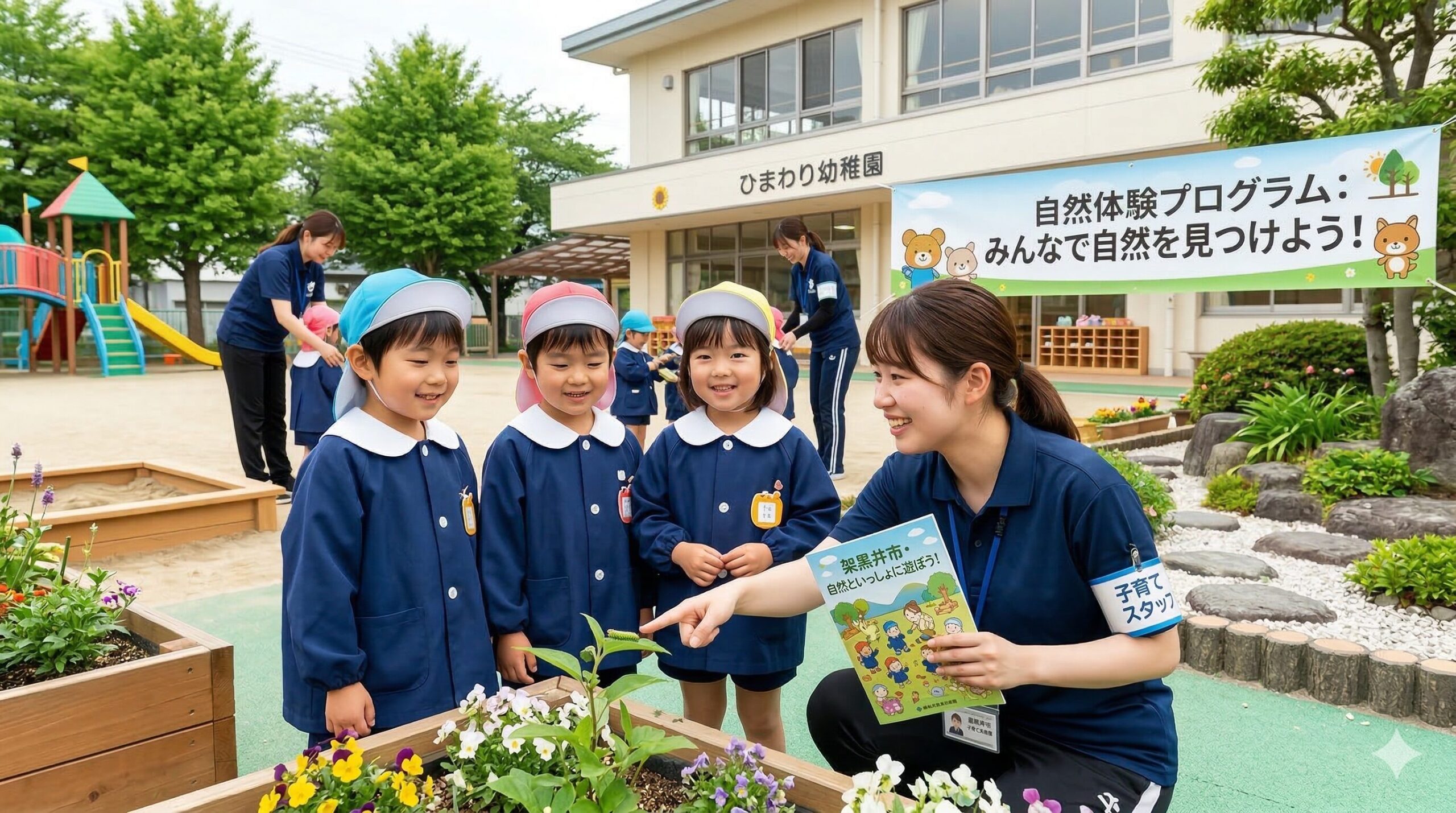 自治体の職員が子供に教えている場面