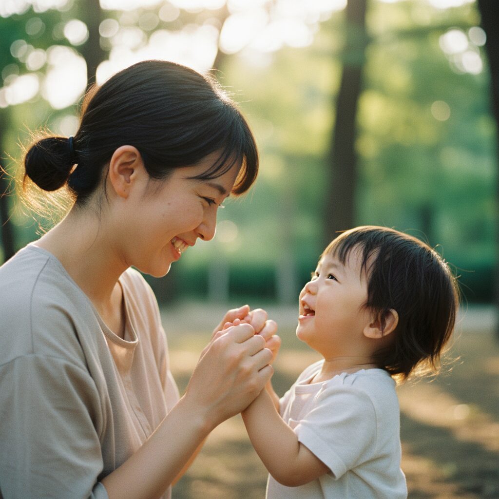 1歳の子どもが泣いている様子を優しく見守る母親