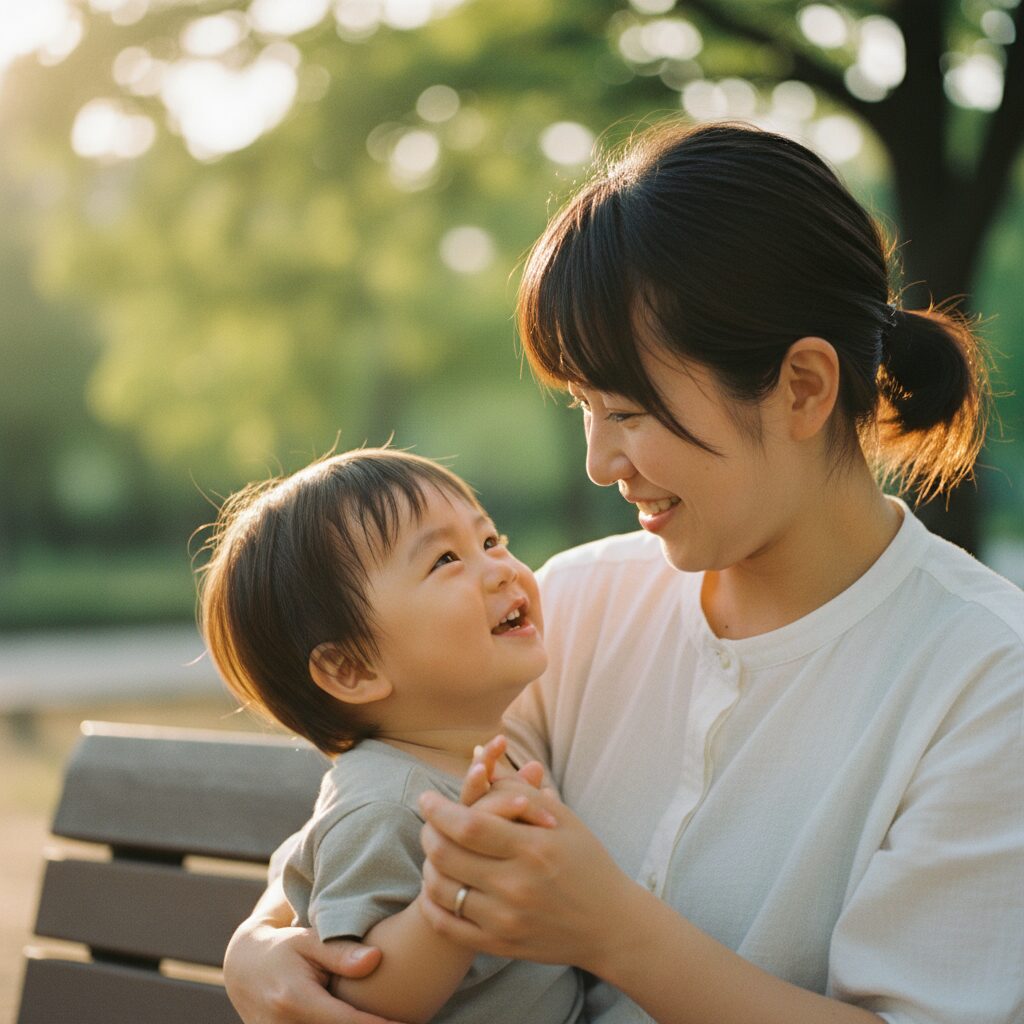 2歳の子どもが床に座り込んで泣いている様子と、そばで優しく見守る母親の姿