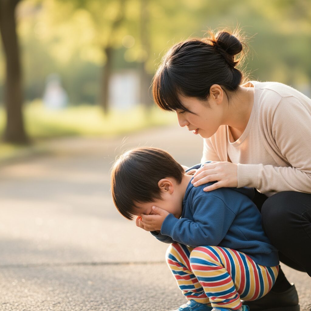 癇癪を起こした子どもに対して冷静に対応している父親の様子