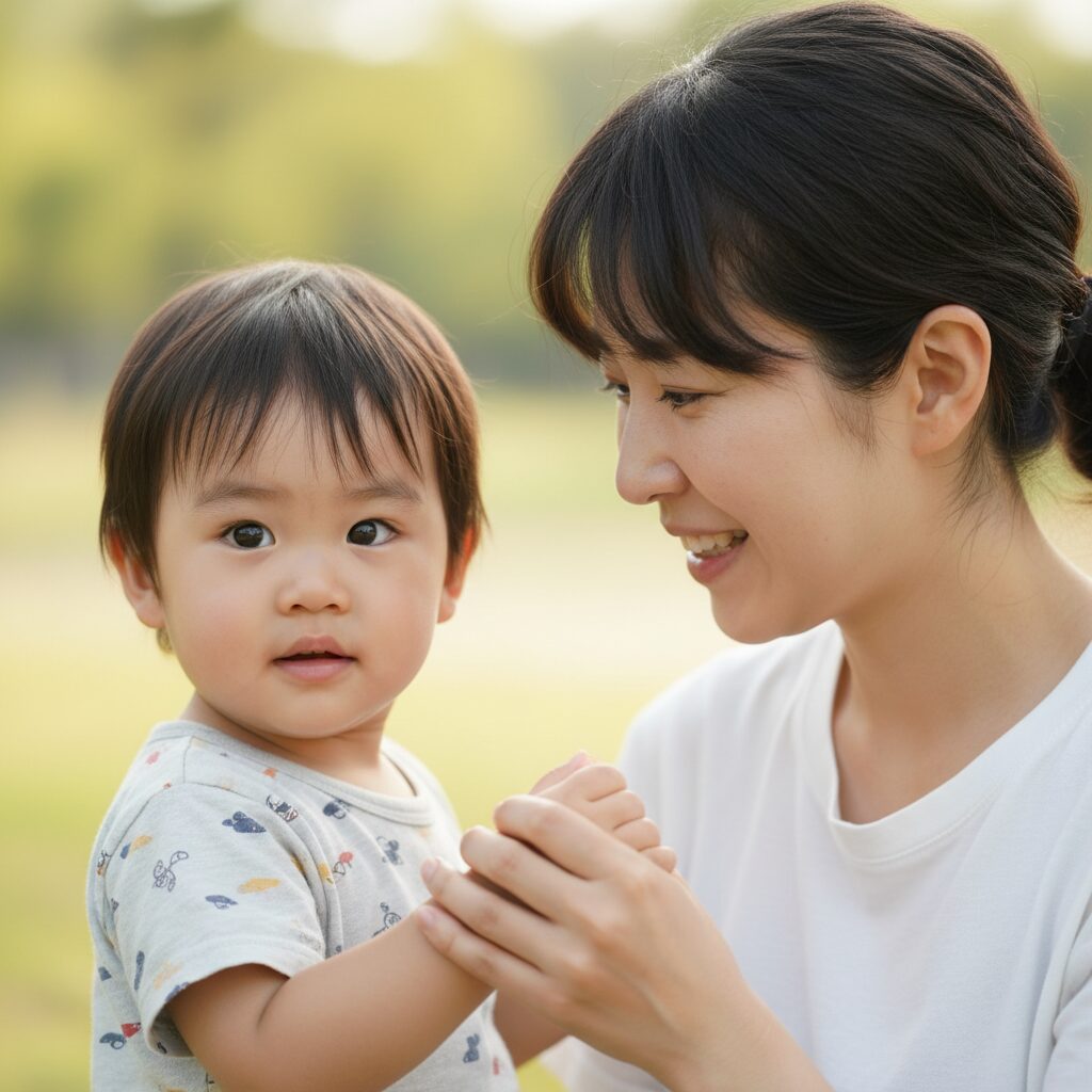 3歳の子どもが癇癪を起こしている様子を見守る母親