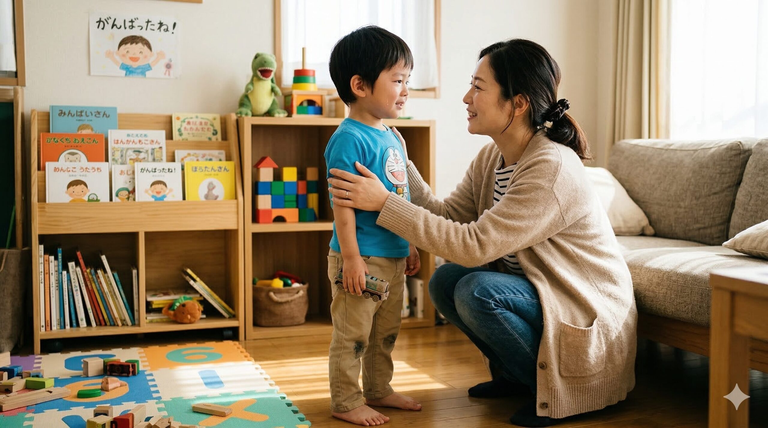 癇癪を起こしている4歳の子どもに寄り添う母親