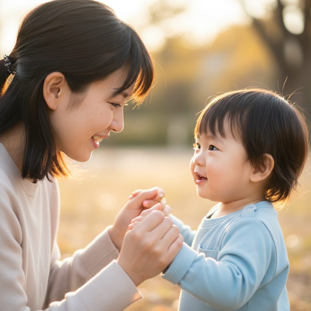 5歳の子どもが泣きながら床に座り込んでいる様子を見守る母親