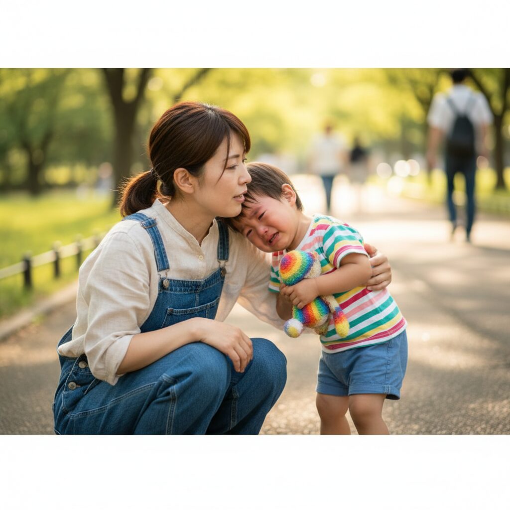 母親に抱きしめられて安心している5歳の男の子
