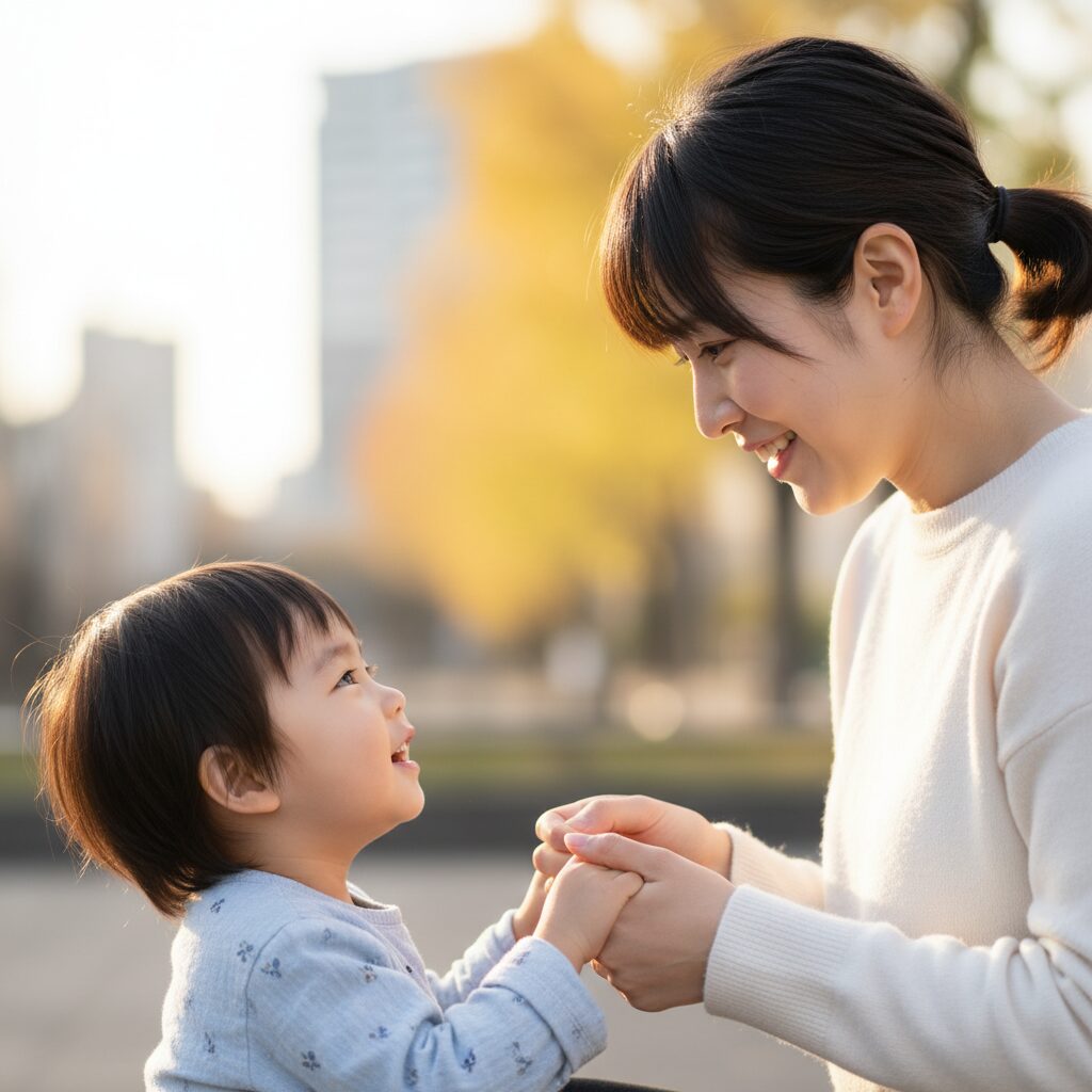 2歳の子どもが床に座り込んで泣いている様子を、お母さんが優しく見守っている場面