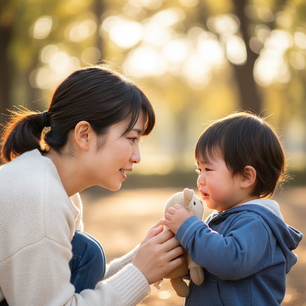 4歳の子どもが友達とおもちゃの取り合いをしている場面で、先生が間に入って話を聞いている様子