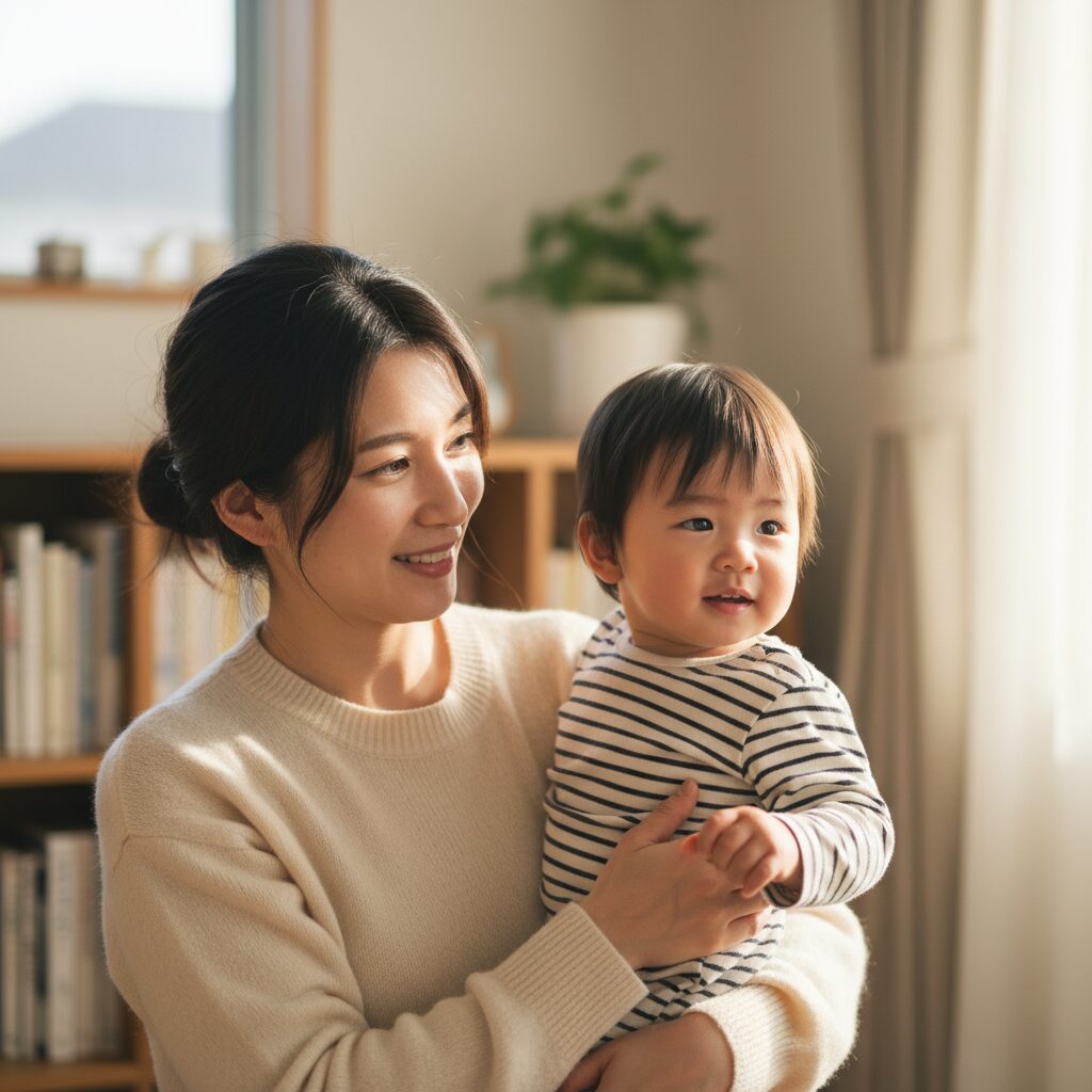 家庭で親子が一緒に絵本を読んでいる穏やかな様子