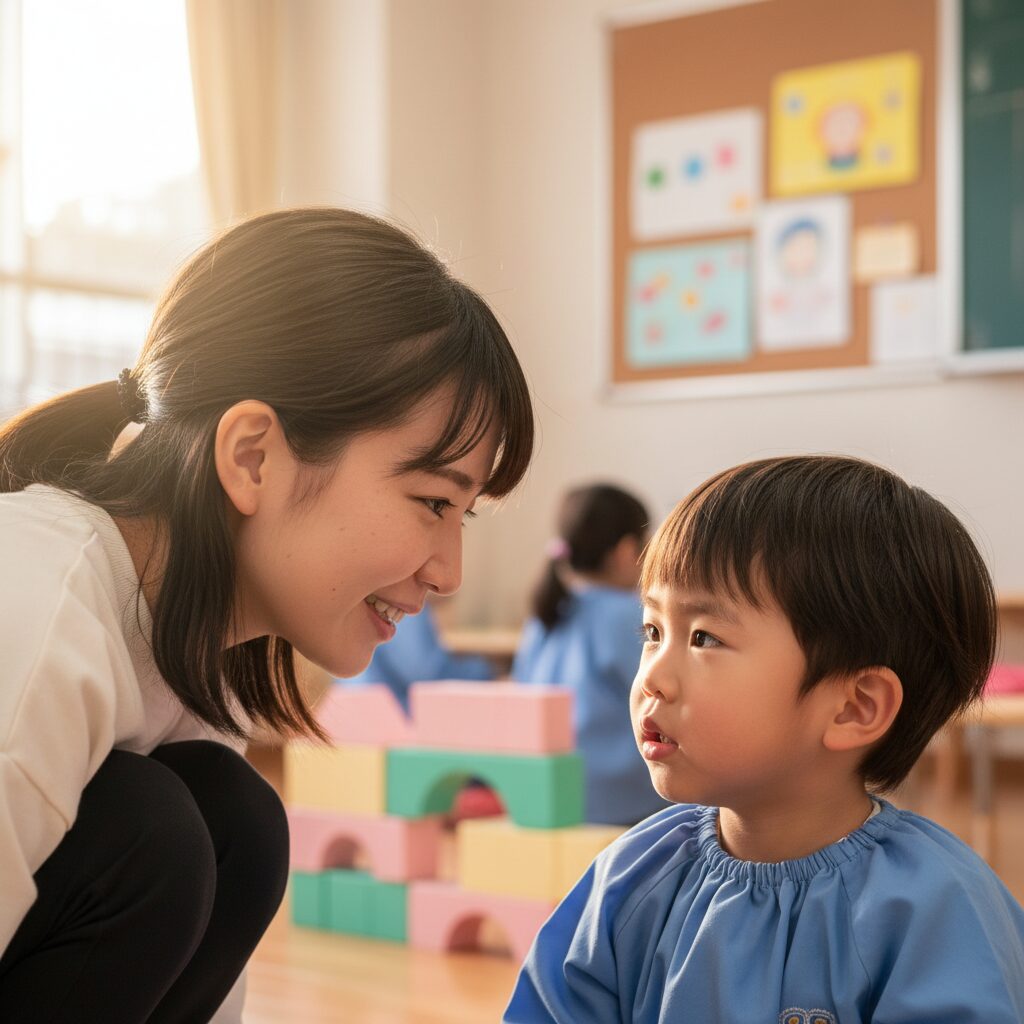 園の教室で座っていられずに立ち歩く子どもと、優しく声をかける先生の様子