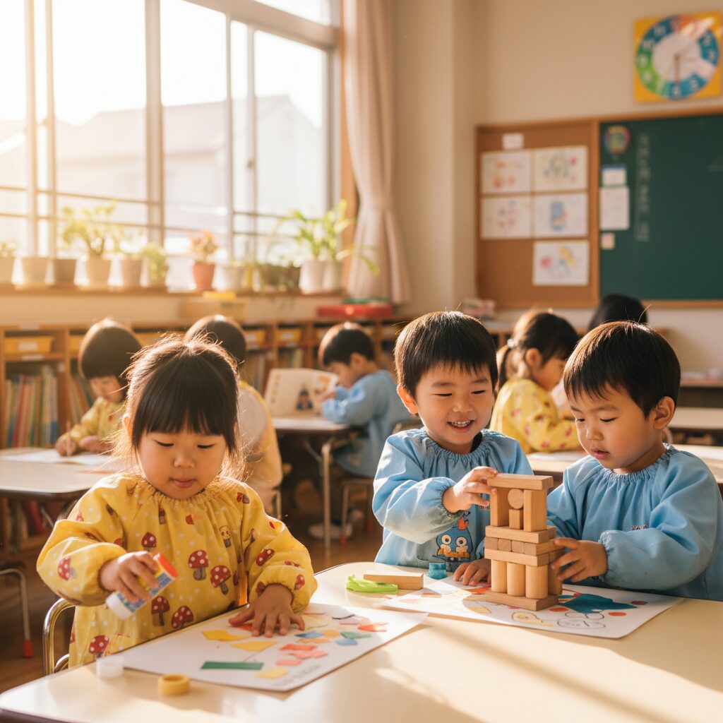 幼稚園で先生と一緒に遊ぶ子どもたちの様子