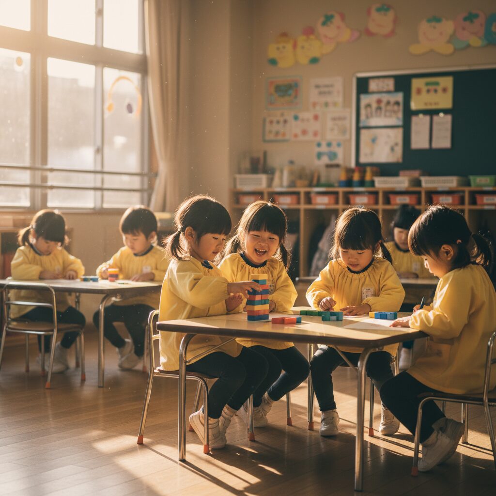 幼稚園の教室で先生と保護者が面談をしている様子