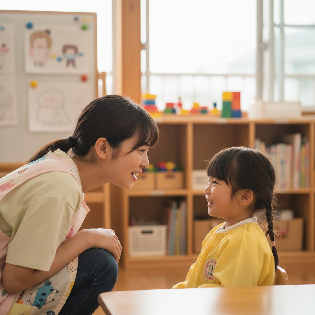 小学校の特別支援学級で、少人数の子どもたちが先生と一緒に楽しそうに学習している様子