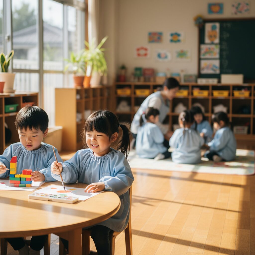 幼稚園の教室で一人だけ輪から離れて遊んでいる子どもと、その様子を見守る先生