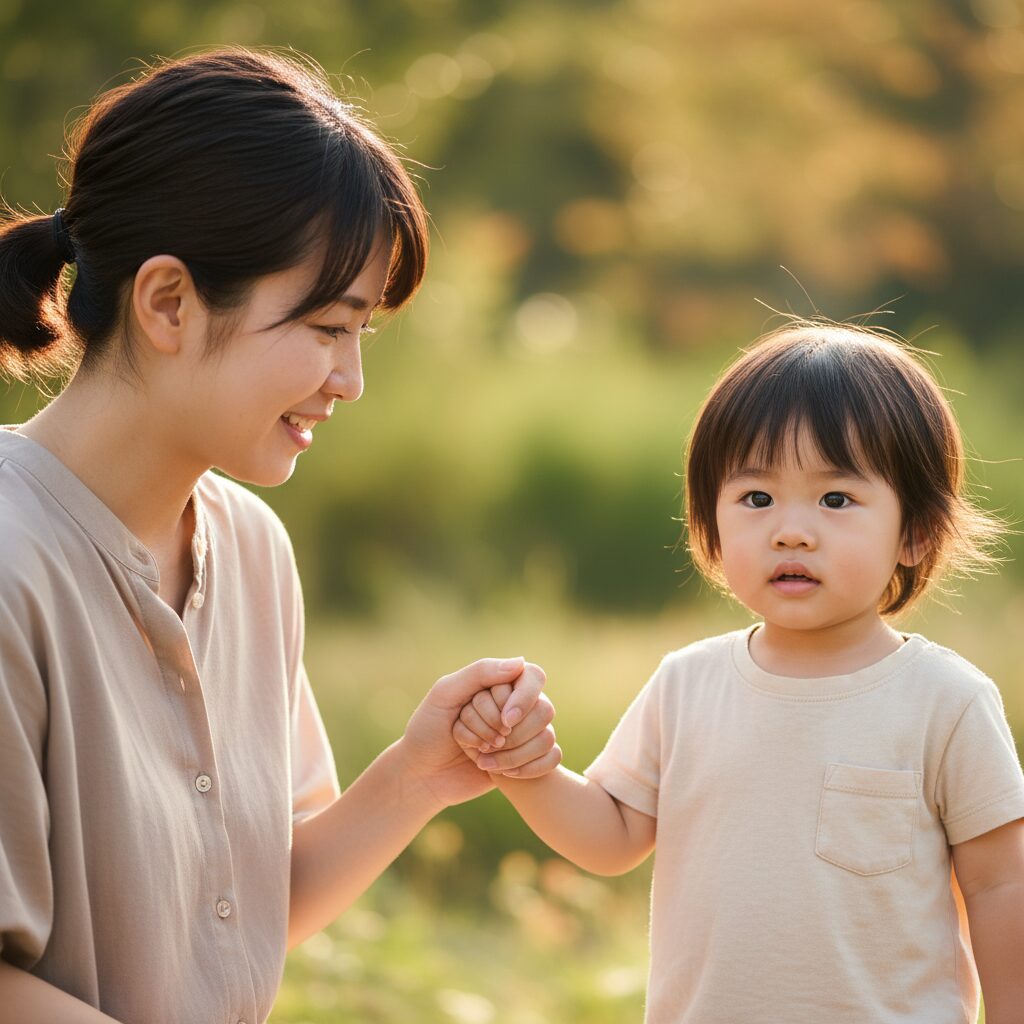 癇癪を起こしている子どもを優しく見守る父親の様子