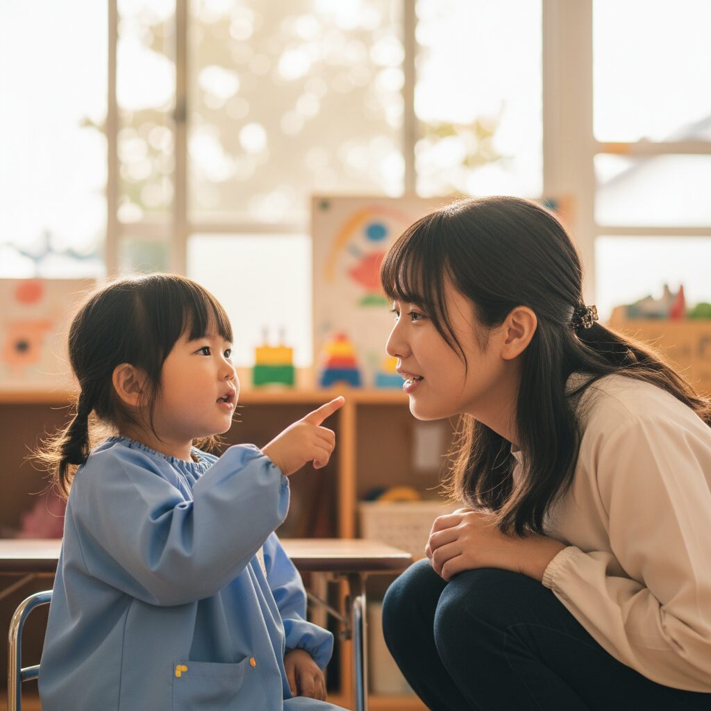 小学校の廊下で先生と保護者が真剣に話し合っている様子