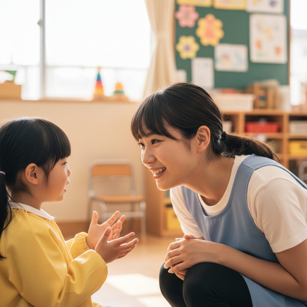 保護者と教師が学校で資料を見ながら相談している場面