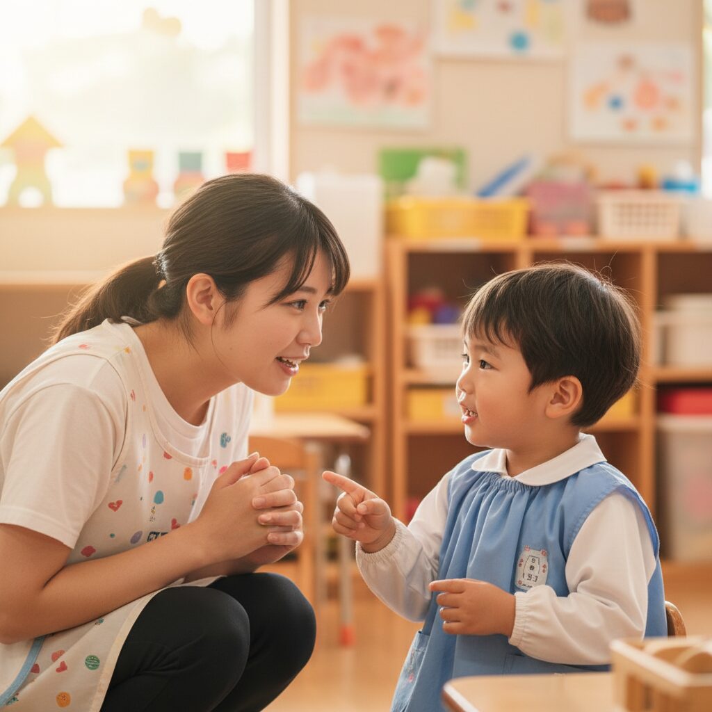 小学校の教室で先生と一対一で学習している子どもの様子